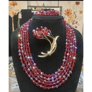 Vintage Castlecliff Red AB Crystal 3Piece Jewelry Set Necklace BroochEarrings